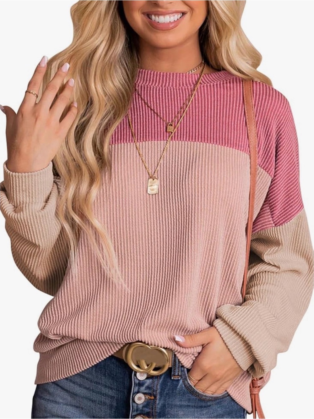 Colorblock Ribbed Pullover - Mauve, Light Pink & Cream